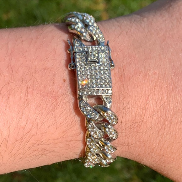 13mm Cuban Link Bracelet White Gold Iced - Picture 3 of 5